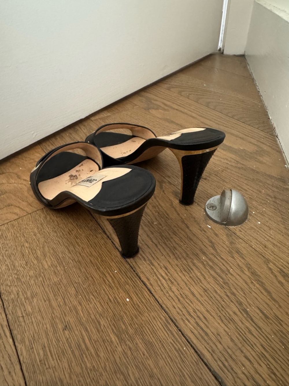 Jimmy Choo Black Leather Slide Heels with Gold-Tone Eyelets - Picture 5 of 7